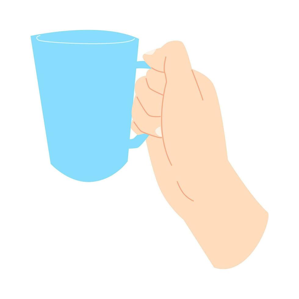 human hand holding a blue mug. concept of drinking, kitchen equipment. isolated white background. flat vector illustration.