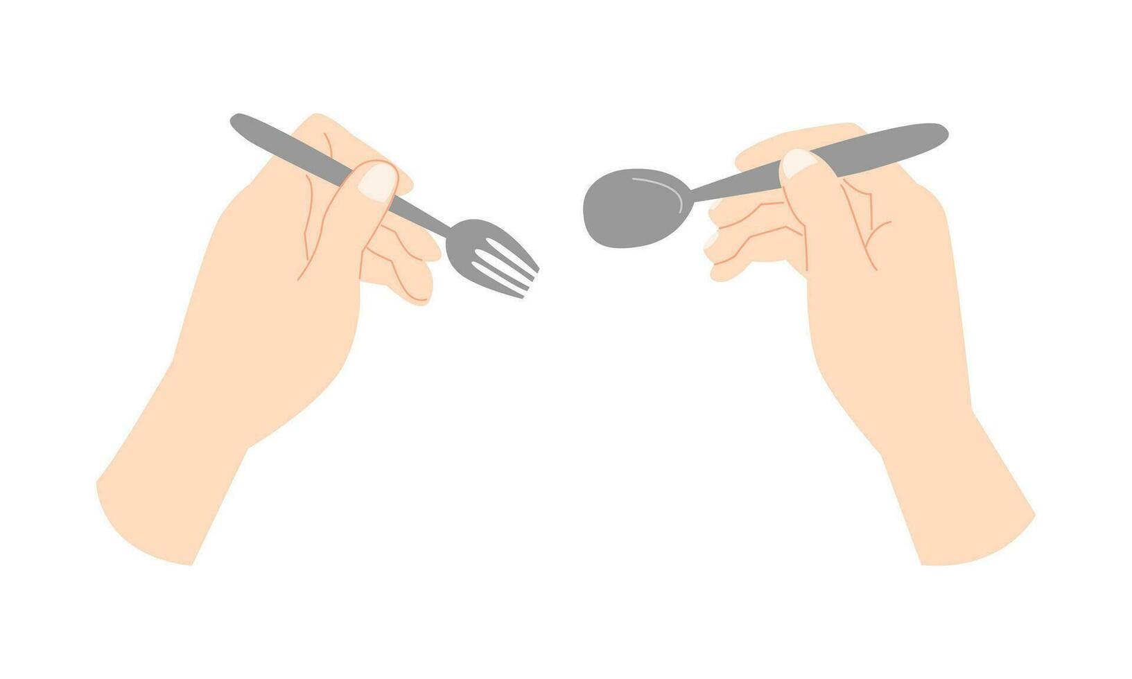 dos manos participación un cuchara y tenedor. cuchillería. aislado en blanco antecedentes. plano vector ilustración.