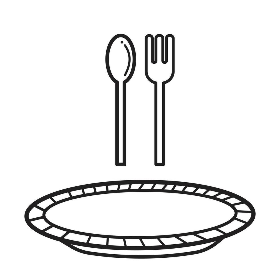 Plate, Spoon, and fork vector icon set. Primary eating ware illustration with black outline isolated on plain white square background. Simple flat minimalist cartoon art styled drawing.