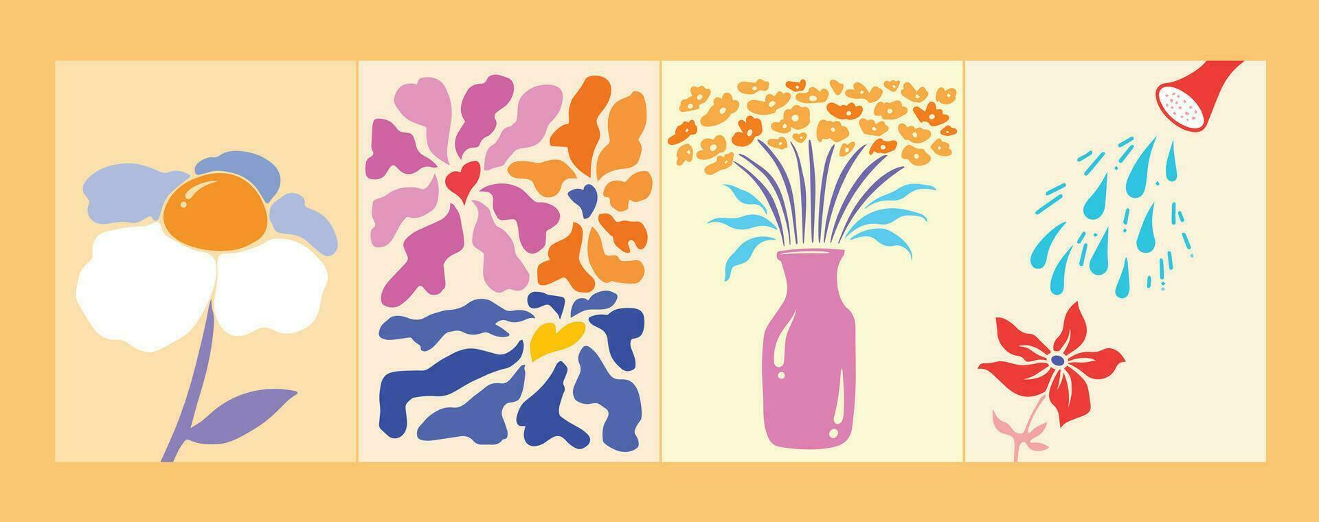 Four colorful abstract natural flower themed paintings. Vector illustration set collection for thisrt or poster design isolated on vertical yellow. Simple flat cartoon minimalist art styled drawing.