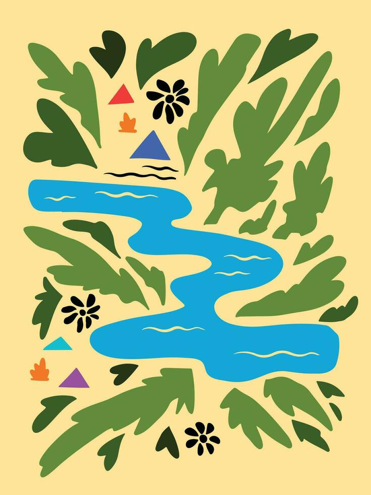 Abstract river water in the middle of forest tree and leaves with camps and bonfire around it. Vector tshirt or poster design with nature and camping theme. Simple flat cartoon minimalist art drawing.