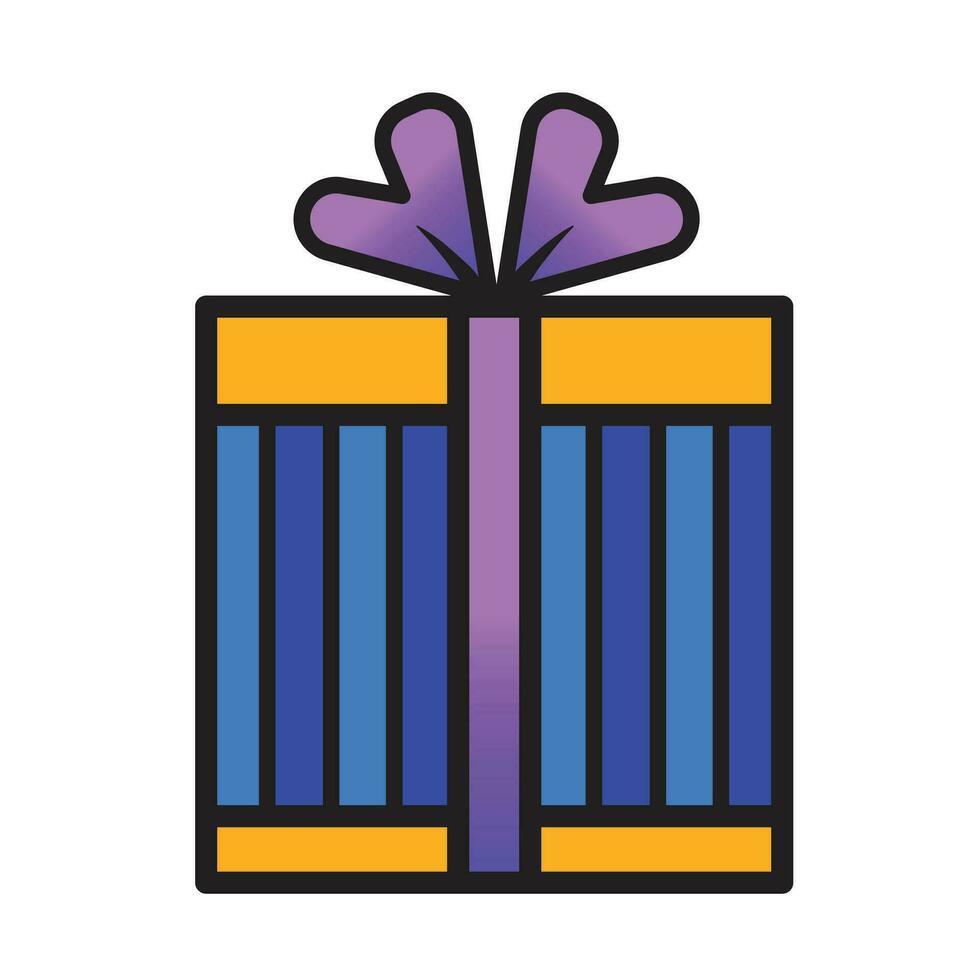 Blue and orange colored gift box with stripe pattern and purple ribbon vector icon outlined isolated on square white background. Simple flat minimalist cartoon art styled drawing.