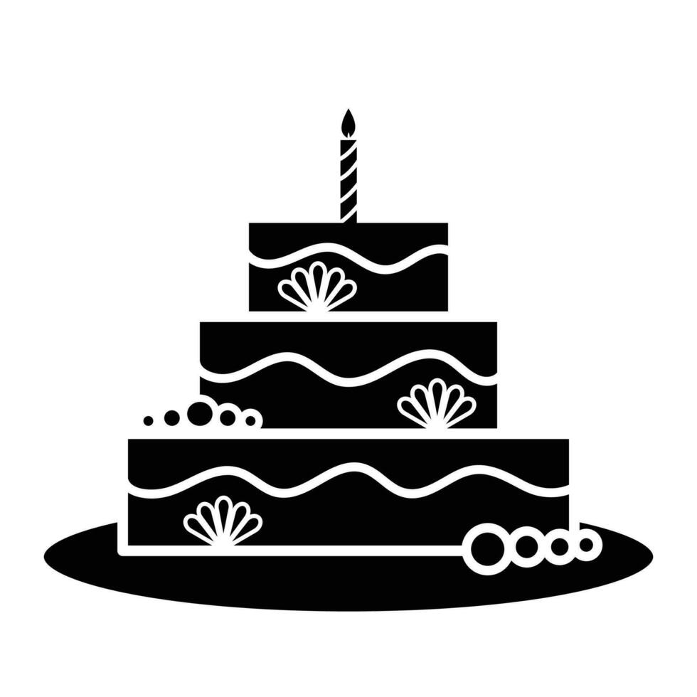 Black and white chocolate birthday cake with one candle vector icon silhouette outlined isolated on square white background. Simple flat minimalist cartoon art styled drawing.