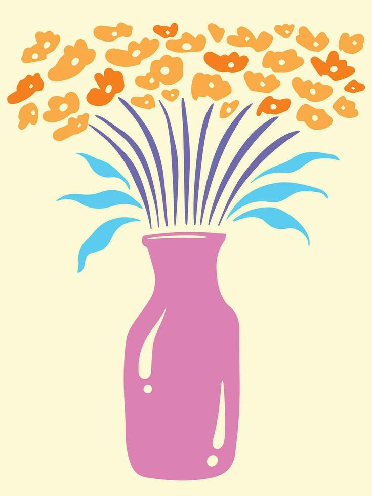 resumen naranja de colores flores con púrpura vástago y azul hojas en rosado florero. vector ilustración para camiseta y póster diseño en vertical fondo. sencillo plano dibujos animados minimalista Arte estilizado dibujo.