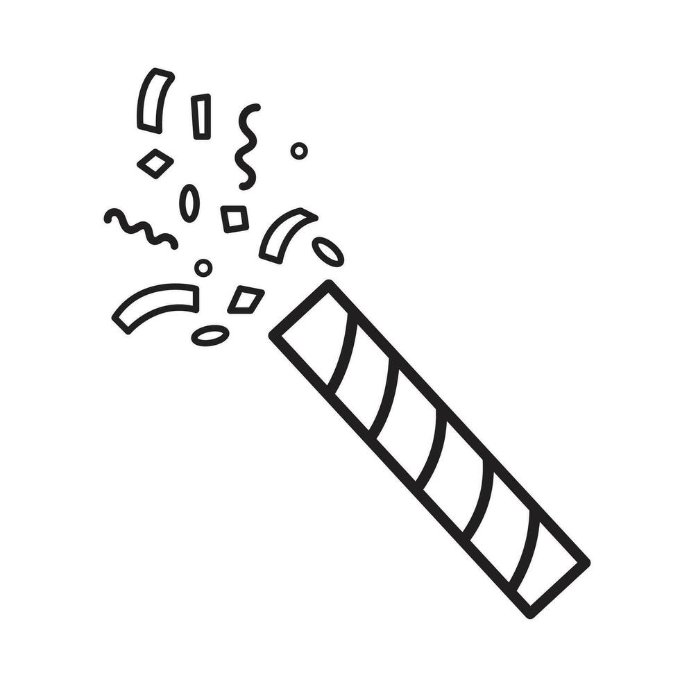 Confetti party or birthday popper vector icon outline isolated on square white background. Simple flat monochrome black and white minimalist cartoon art styled drawing.
