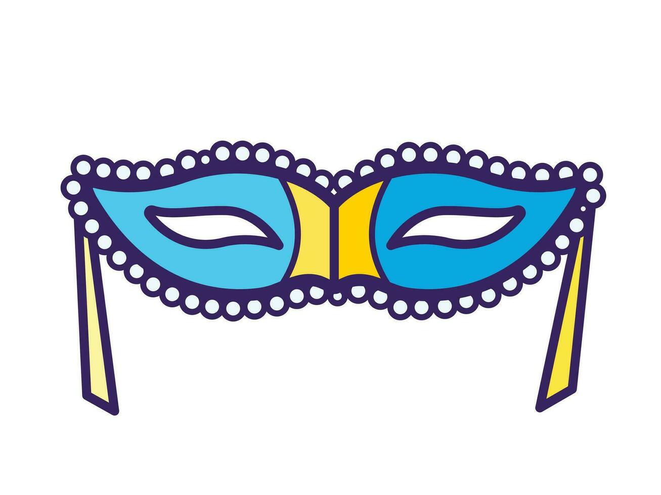 Blue and yellow colored masquerade party eye mask vector icon outlined isolated on white horizontal background. Simple flat minimalist carnaval themed cartoon art styled drawing.