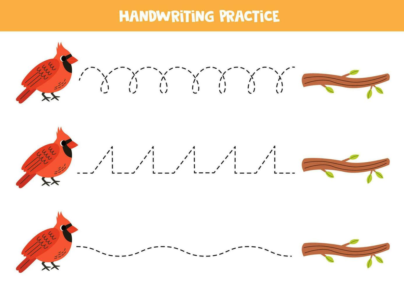 Tracing lines for kids. Cute cartoon red cardinal and tree branch. Handwriting practice. vector