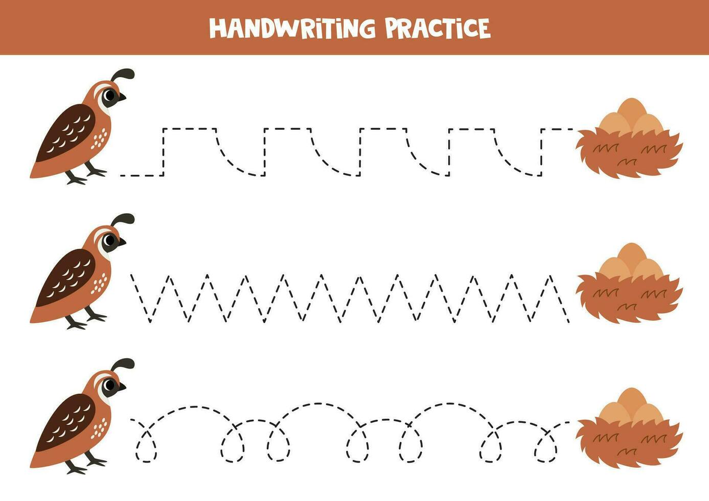 Tracing lines for kids. Cute cartoon quail and nest. Handwriting practice. vector