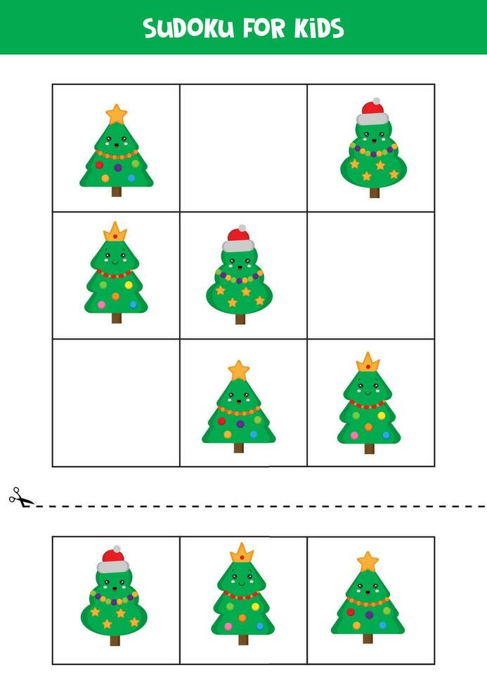 Educational Sudoku game with cute cartoon Christmas trees. vector