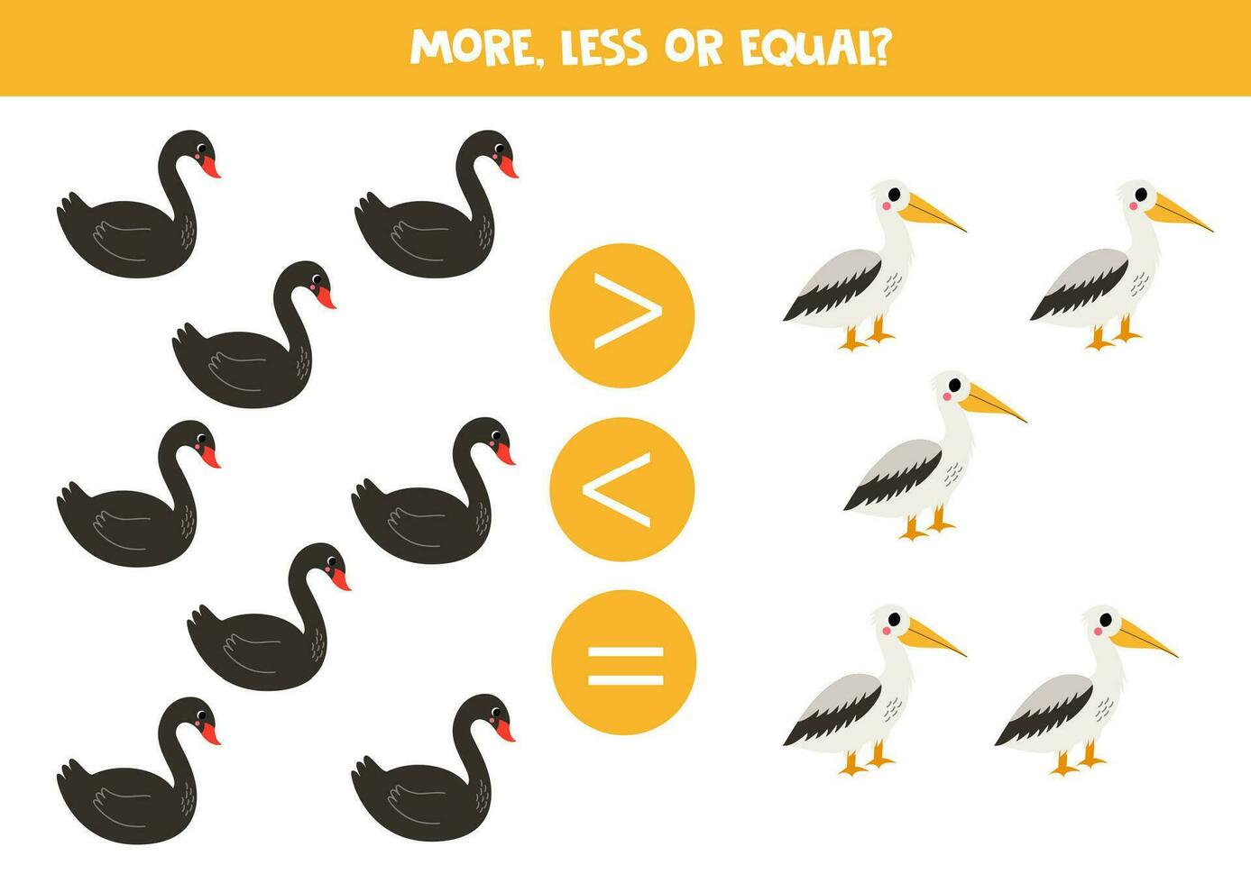 Grater, less or equal with cartoon black swan and pelican. vector