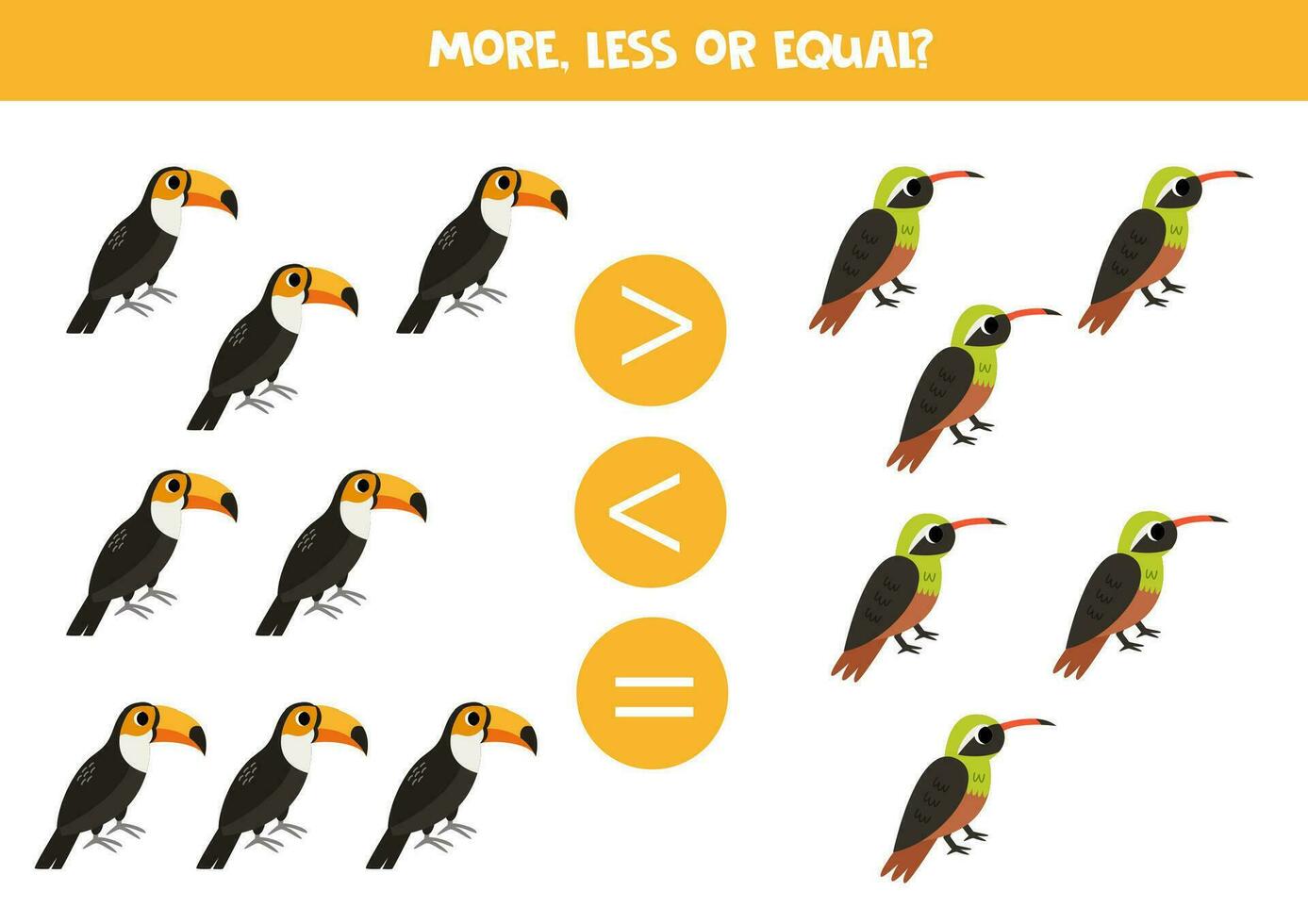 Grater, less or equal with cartoon toucan and xantus. vector
