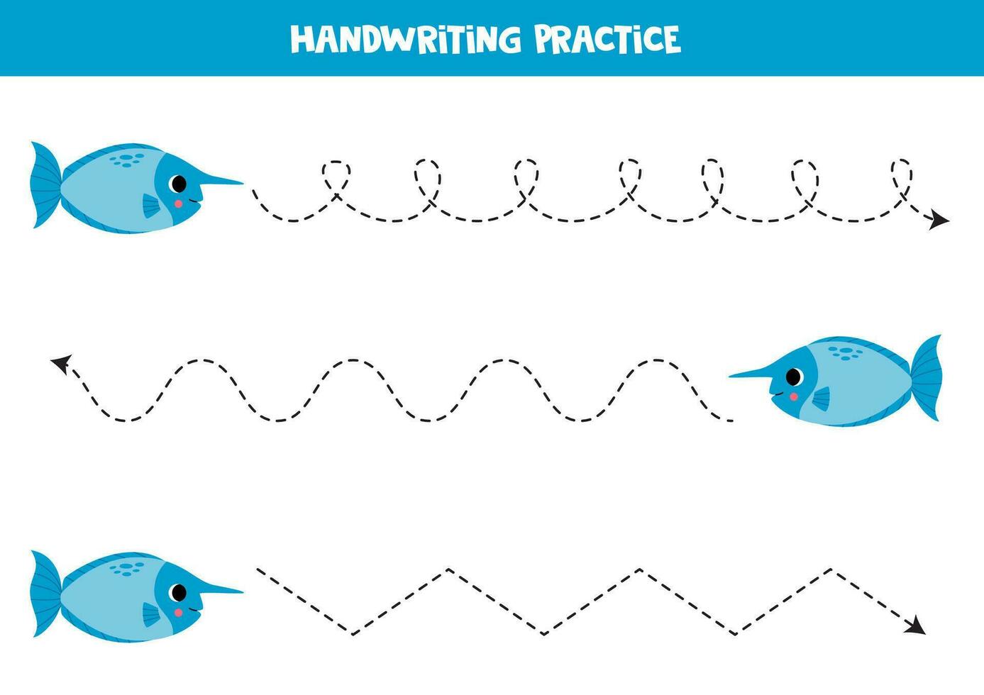 Tracing lines for kids. Cute cartoon blue unicorn fish. Handwriting practice. vector