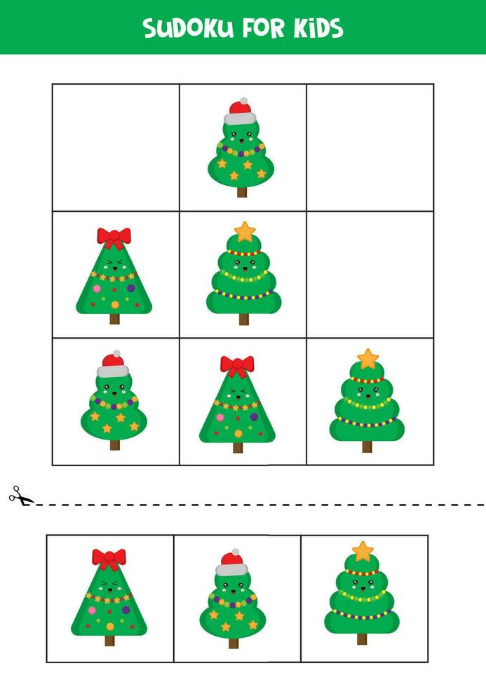 Educational Sudoku game with cute cartoon Christmas trees. vector