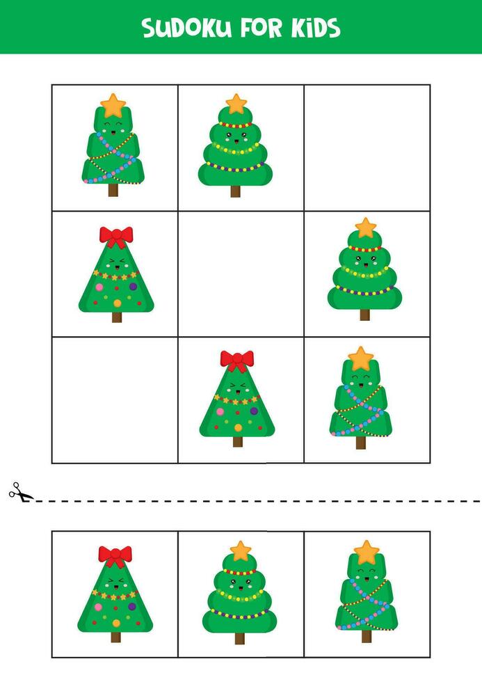 Educational Sudoku game with cute cartoon Christmas trees. vector