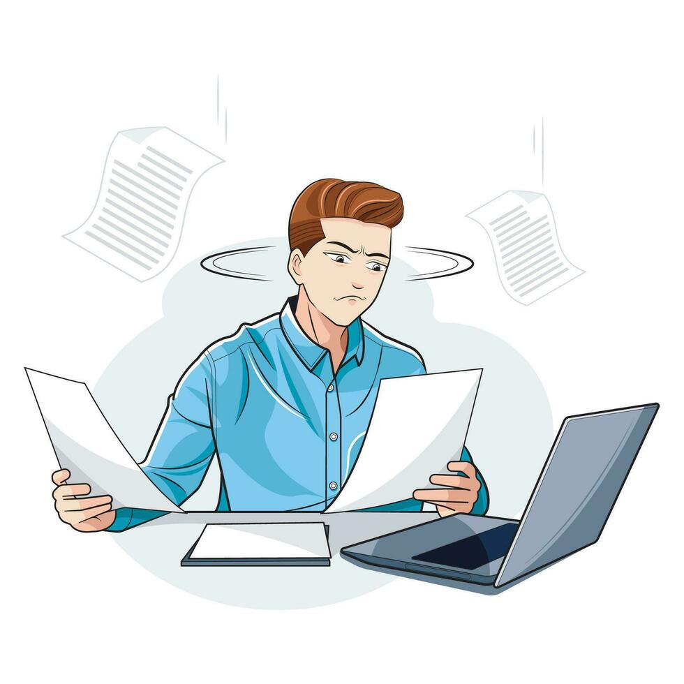Businessman. A worried young man reviews documents and business agreements. Vector illustration