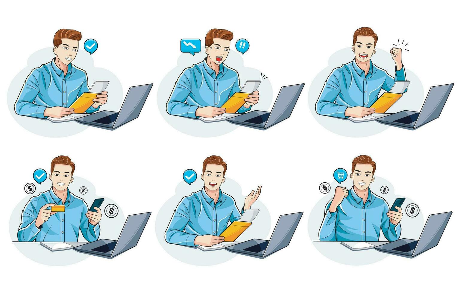 Business Concept Illustration. Collection of illustrations of scenes of young men in front of laptops in business activities vector