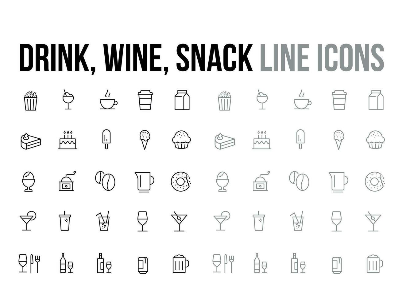 Drink, wine, snack vector thin line icon collection