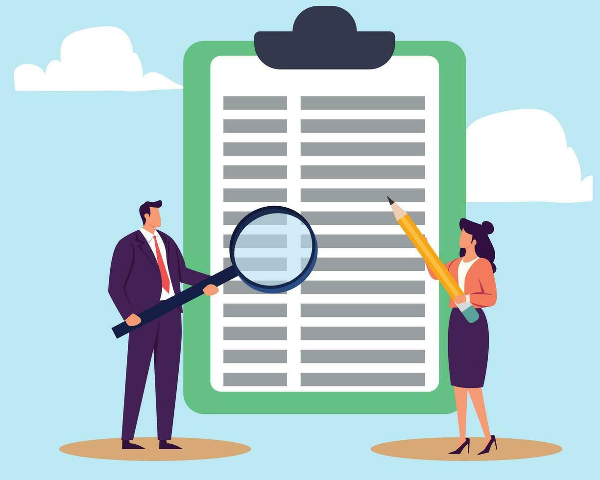 Inspect or review document, report or legal audit, quality assurance, search for document, information or research, investigate, proof or checking concept vector