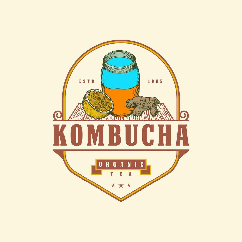 Kombucha Hand Drawn Vintage Logo Design Template. Hand-drawn engraved style illustration. Monochrome graphic art with engraved design elements. vector