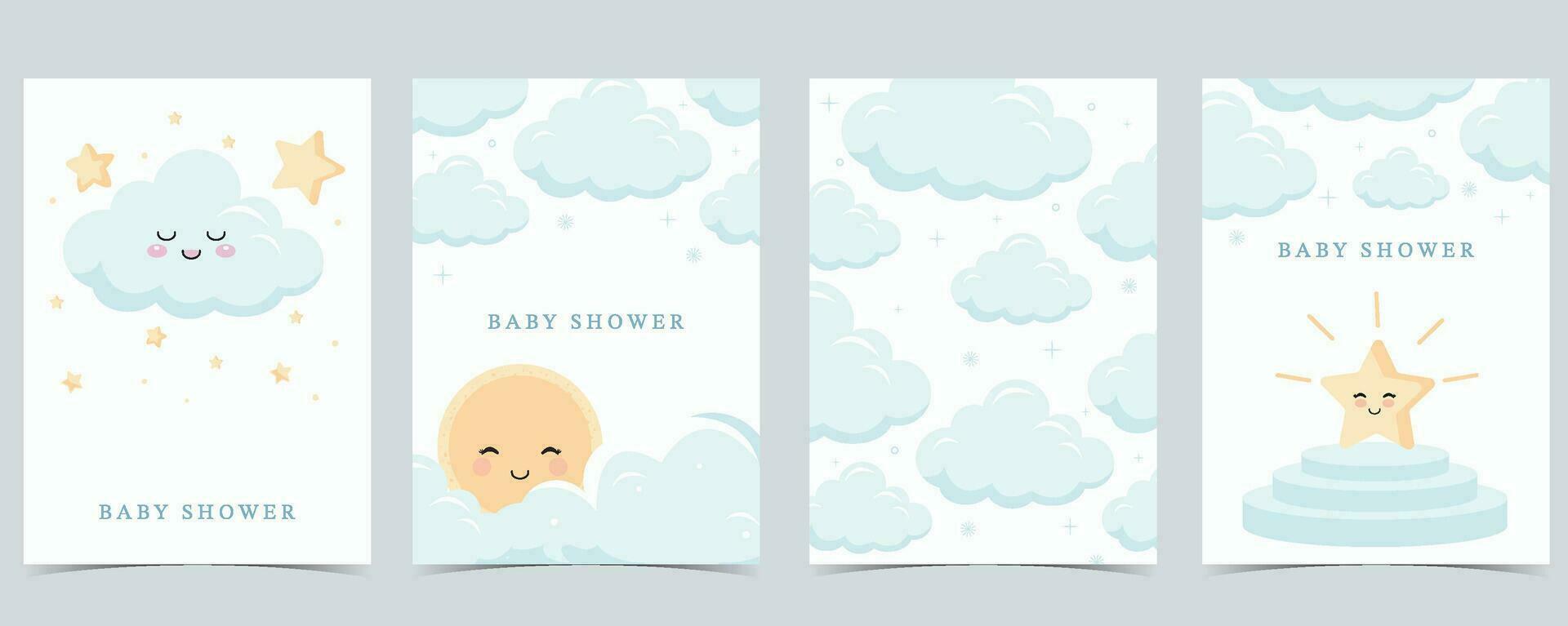 bebé ducha invitación tarjeta para chico con globo, nube, cielo, azul vector