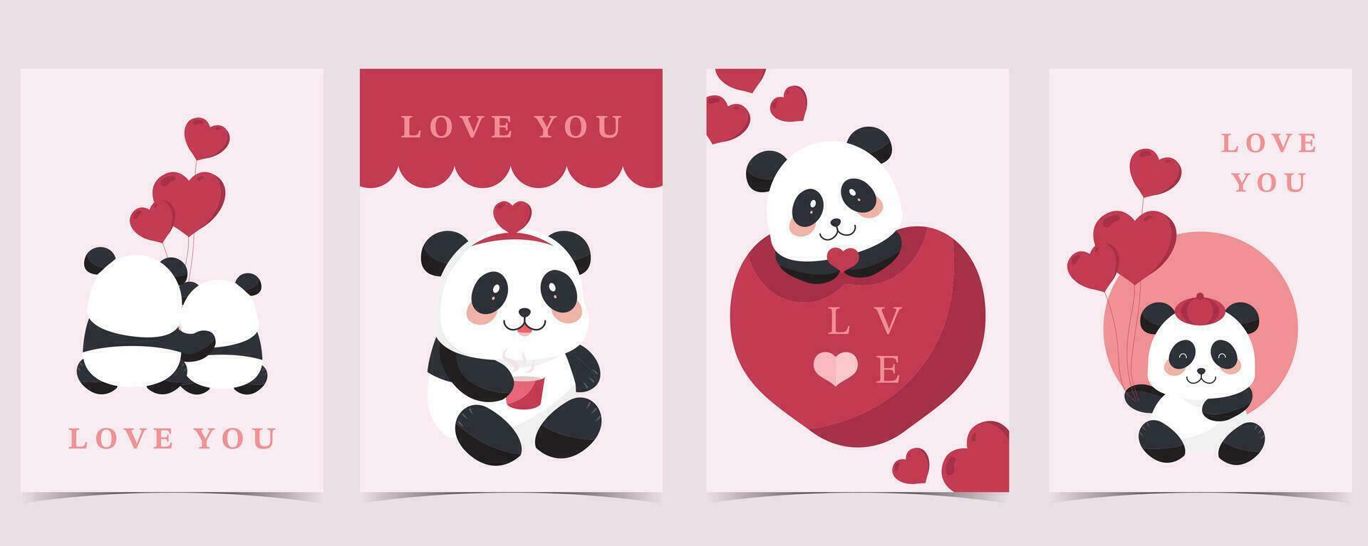 cute panda background set with heart for valentine's day.illustration vector for postcard