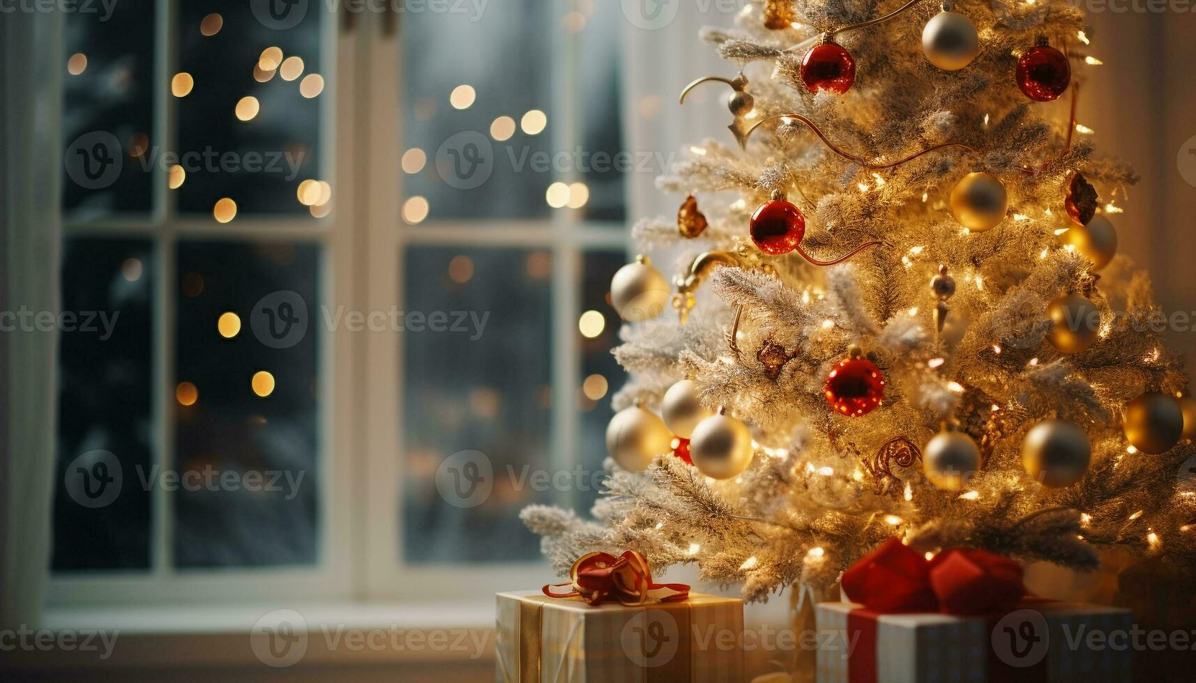 Fabric decorating bow hanging on Christmas tree with copy space in the  right 6774563 Stock Photo at Vecteezy