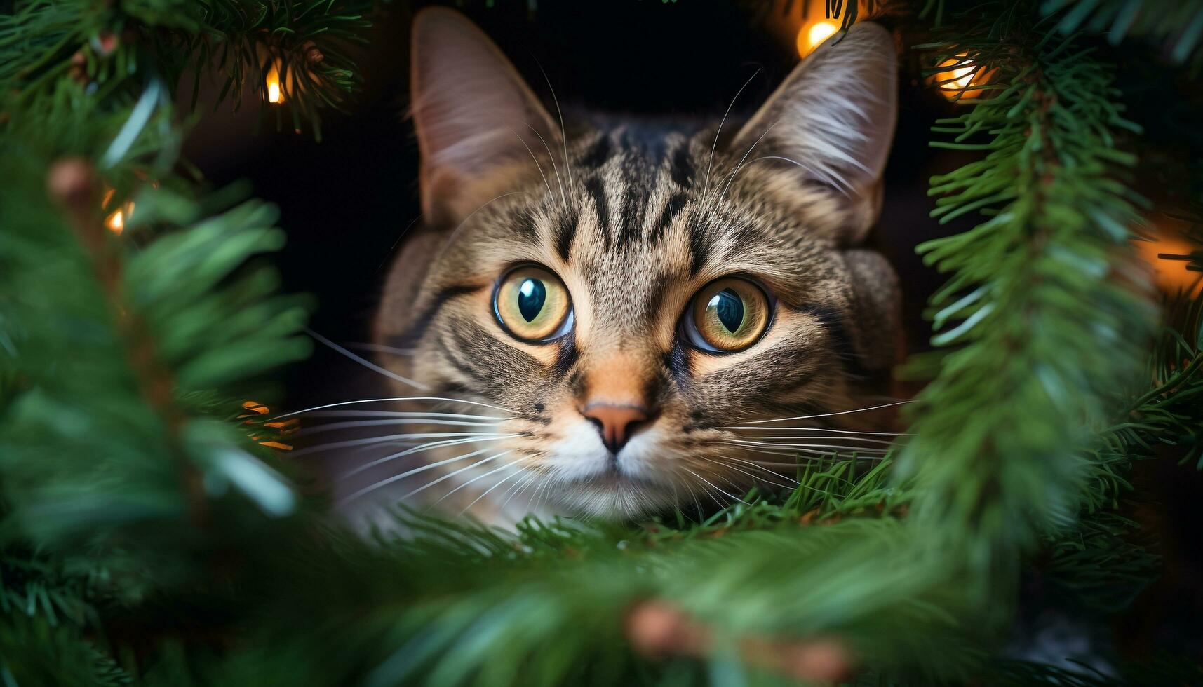 Cute kitten sitting on branch, staring at illuminated gift generated by AI photo