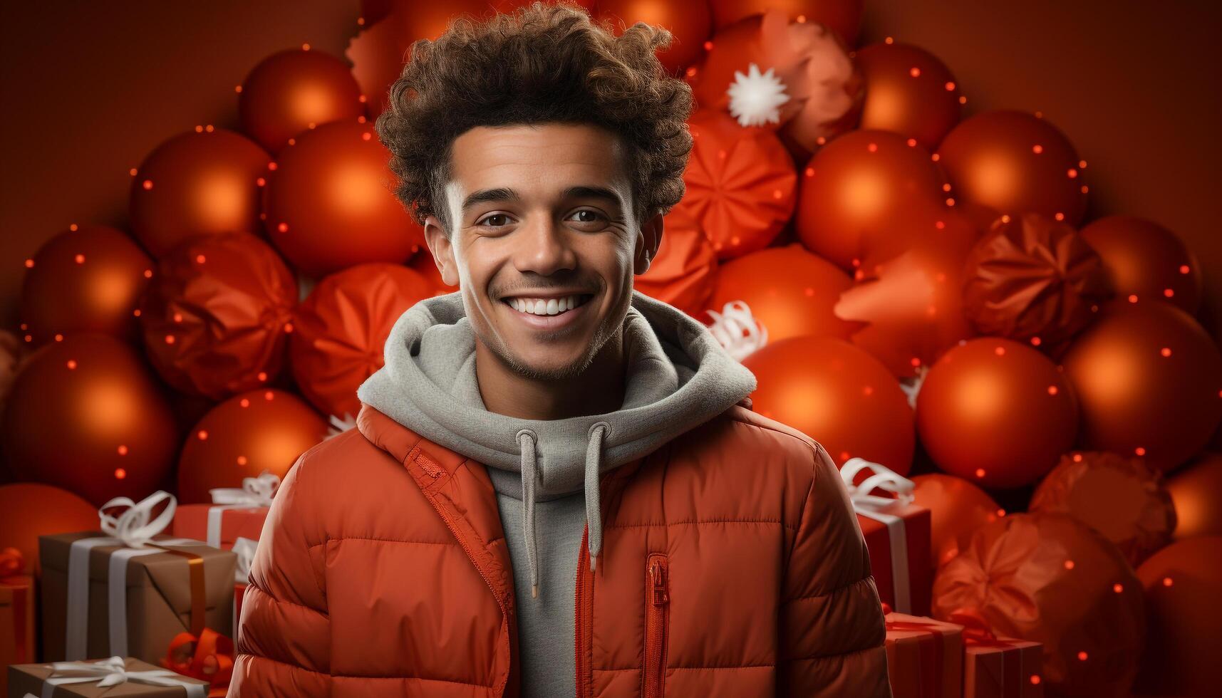 AI generated Smiling man in winter, celebrating with snow, gift, and joy generated by AI photo