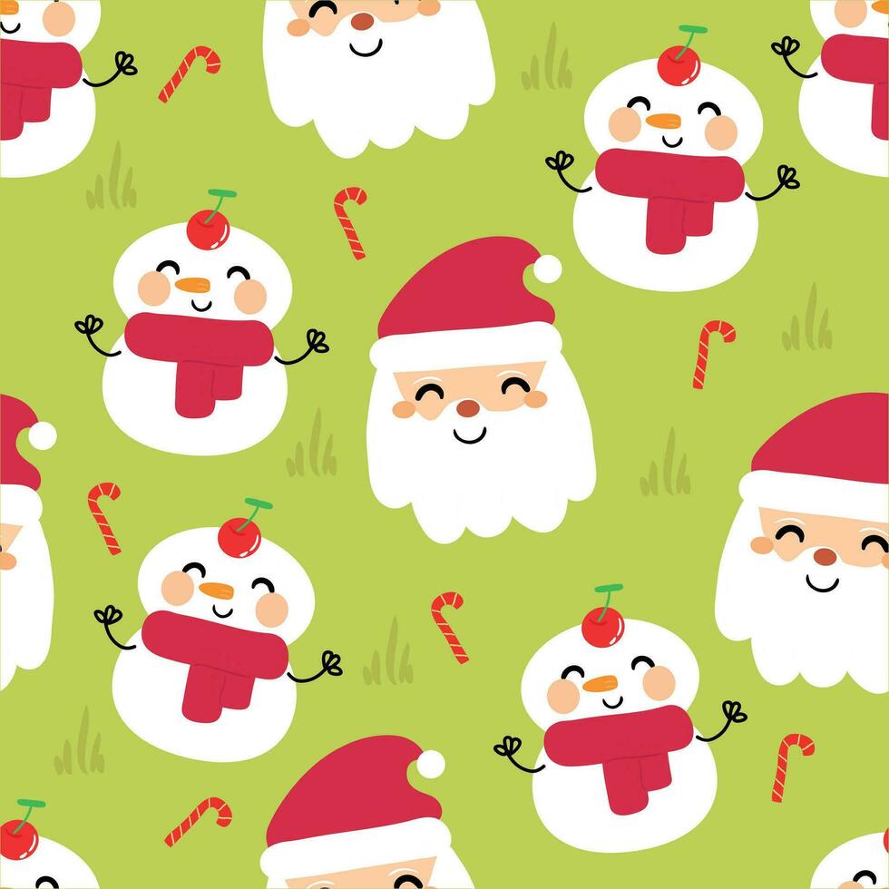 Cartoon Santa seamless pattern with snowman and Christmas elements. Cute Christmas wallpaper for cards, gift wrapping paper vector