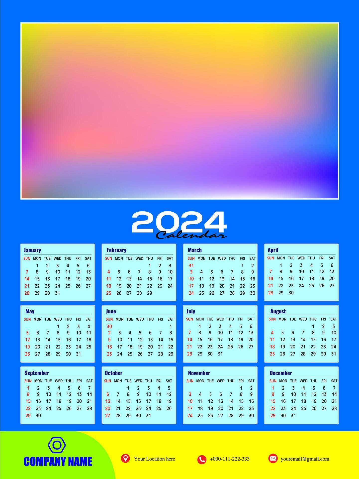 2024 One page wall calendar design template, modern 12 months one page