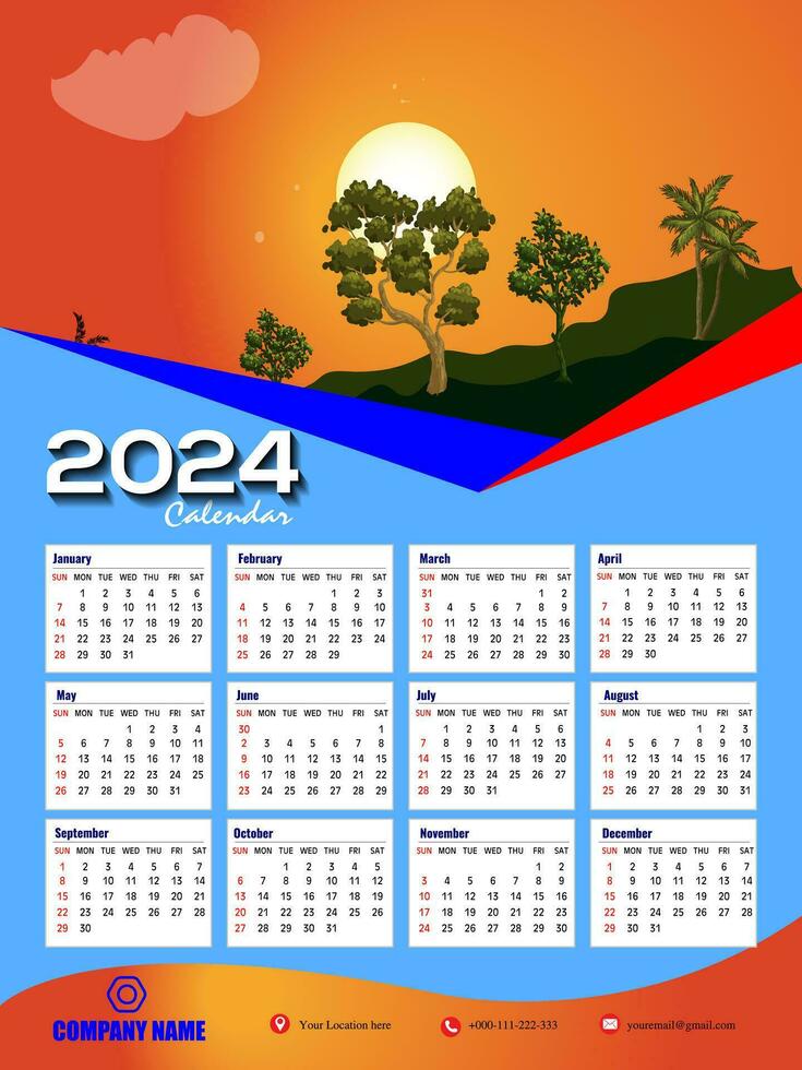 2024 uno página pared calendario diseño plantilla, moderno 12 meses uno página calendario. moderno pared calendario diseño 2024. impresión Listo uno página pared calendario modelo diseño para 2024. semana empieza en domingo. vector