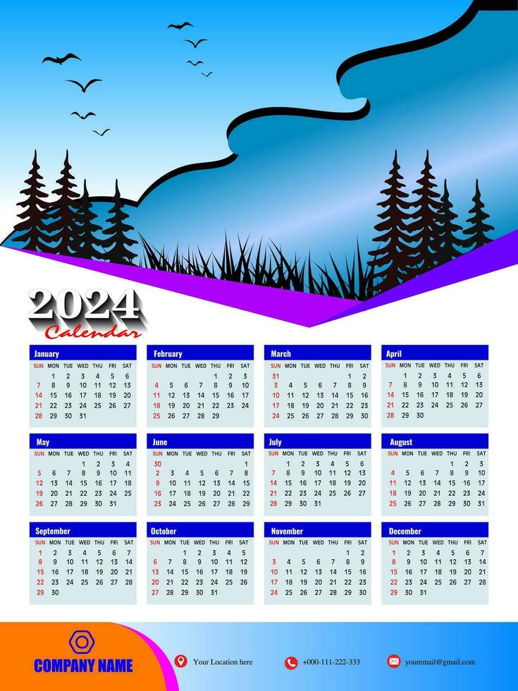 2024 uno página pared calendario diseño plantilla, moderno 12 meses uno página calendario. moderno pared calendario diseño 2024. impresión Listo uno página pared calendario modelo diseño para 2024. semana empieza en domingo. vector