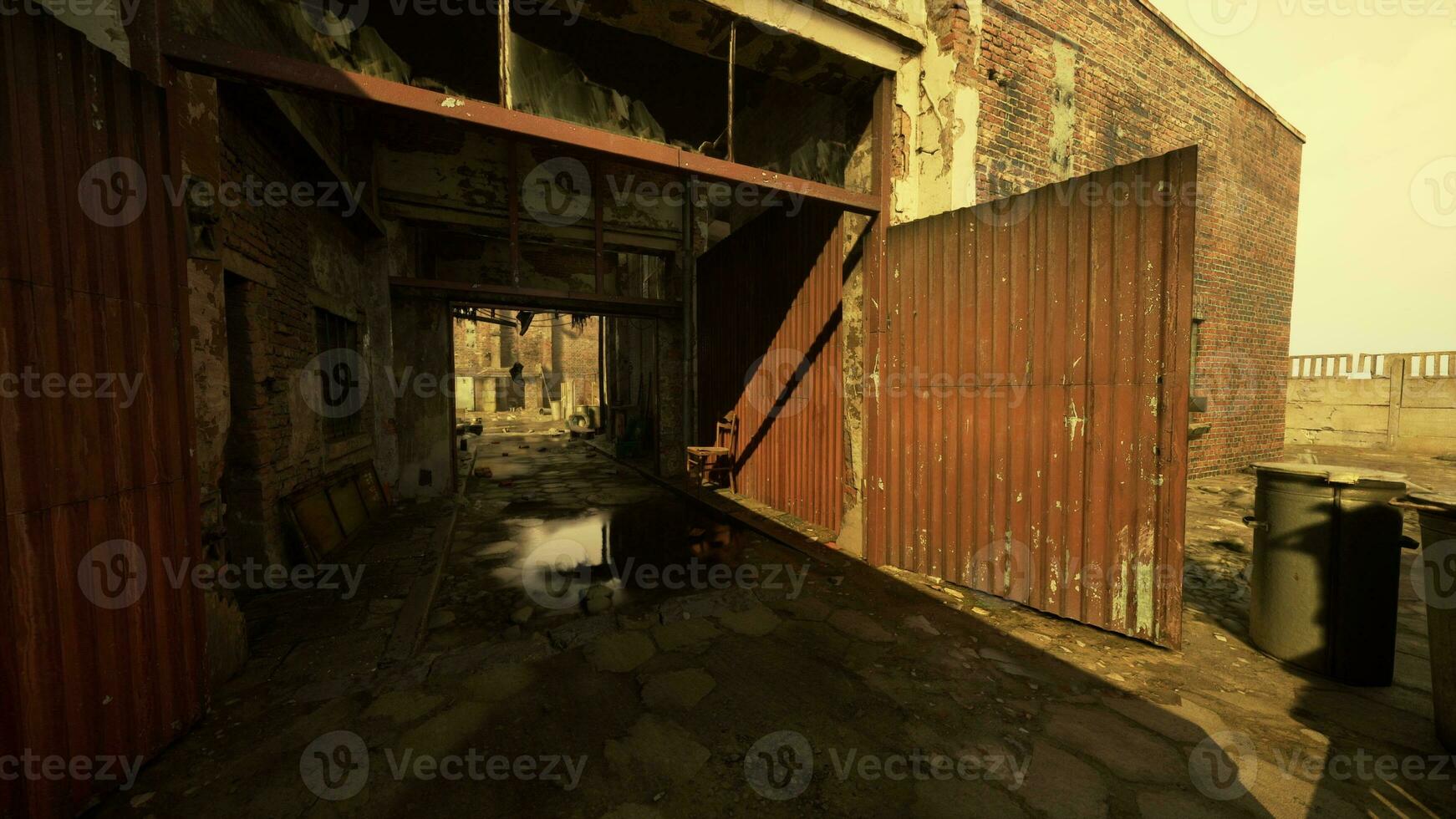 Old abandoned industrial street view with brick facades photo