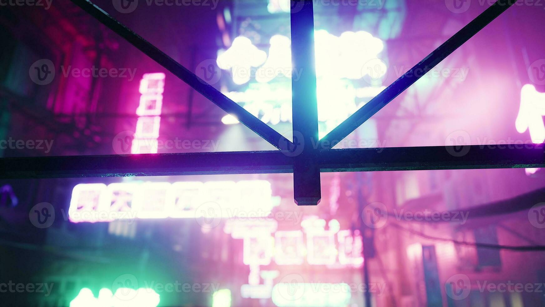 Soft blurred colorful light up Bokeh sign board along building in city nightlife photo