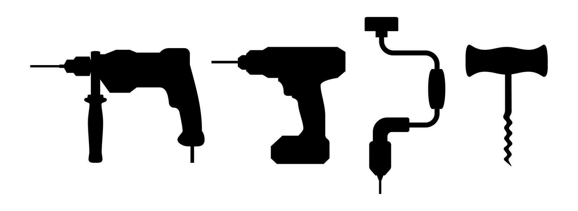 tool logo icon set with cordless, electric, drill, caulking gun, brace, and corkscrew clip art vector