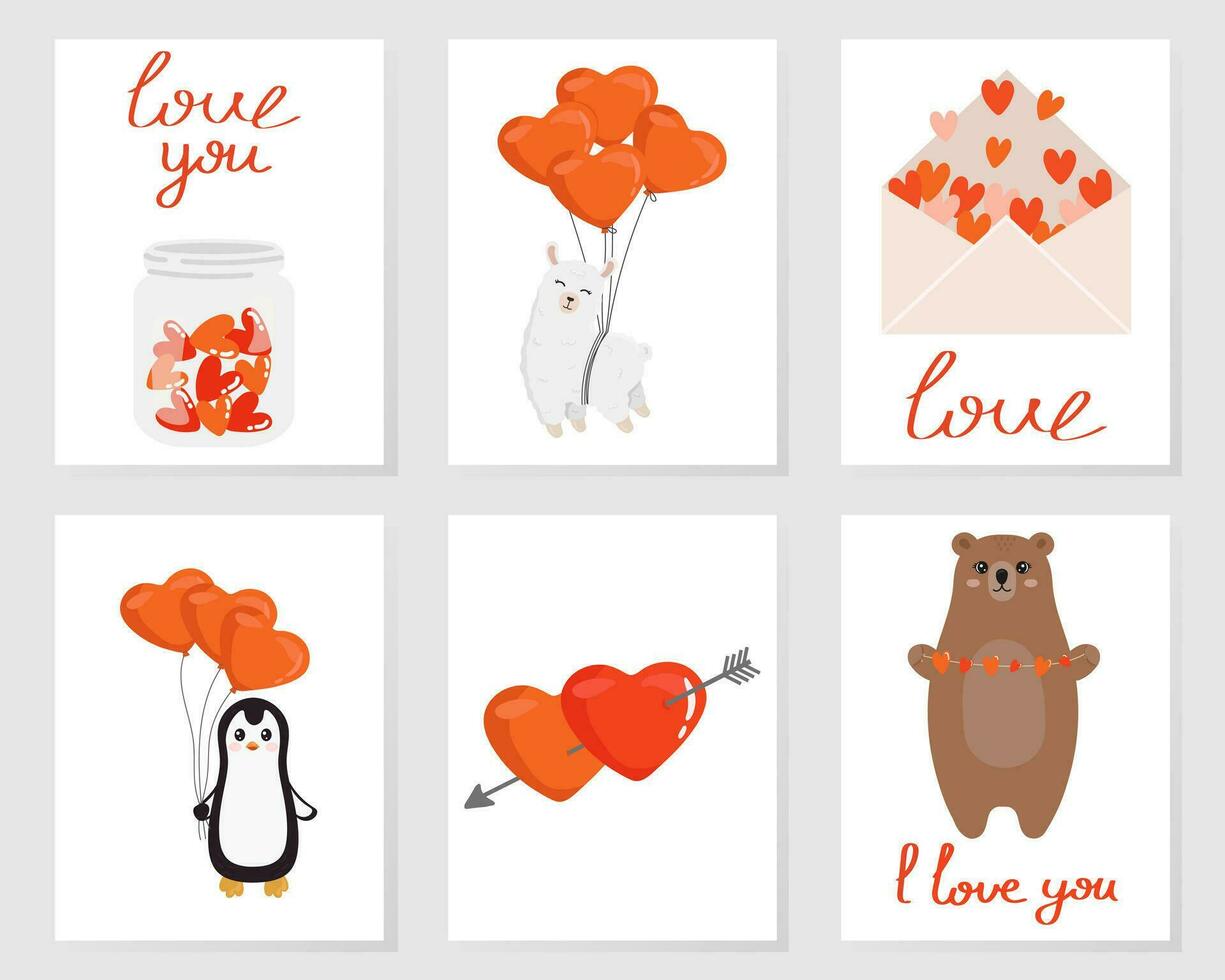 Vector Valentines Day greeting card, flyer, banner, poster templates with cute characters. Printable greeting cards illustration.