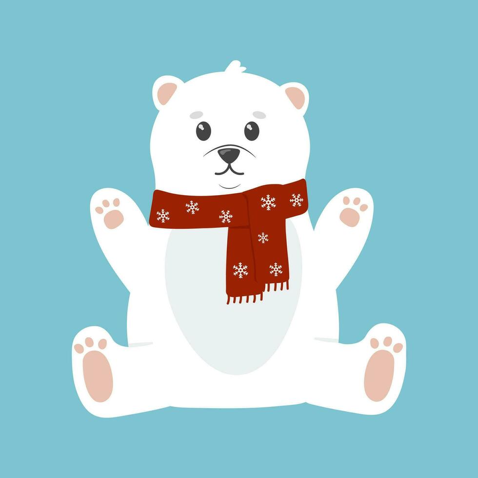 Polar bear with red scarf in sitting pose. White bear on a blue background. Christmas concept. Perfect for Christmas and New Year cards. Vector illustration