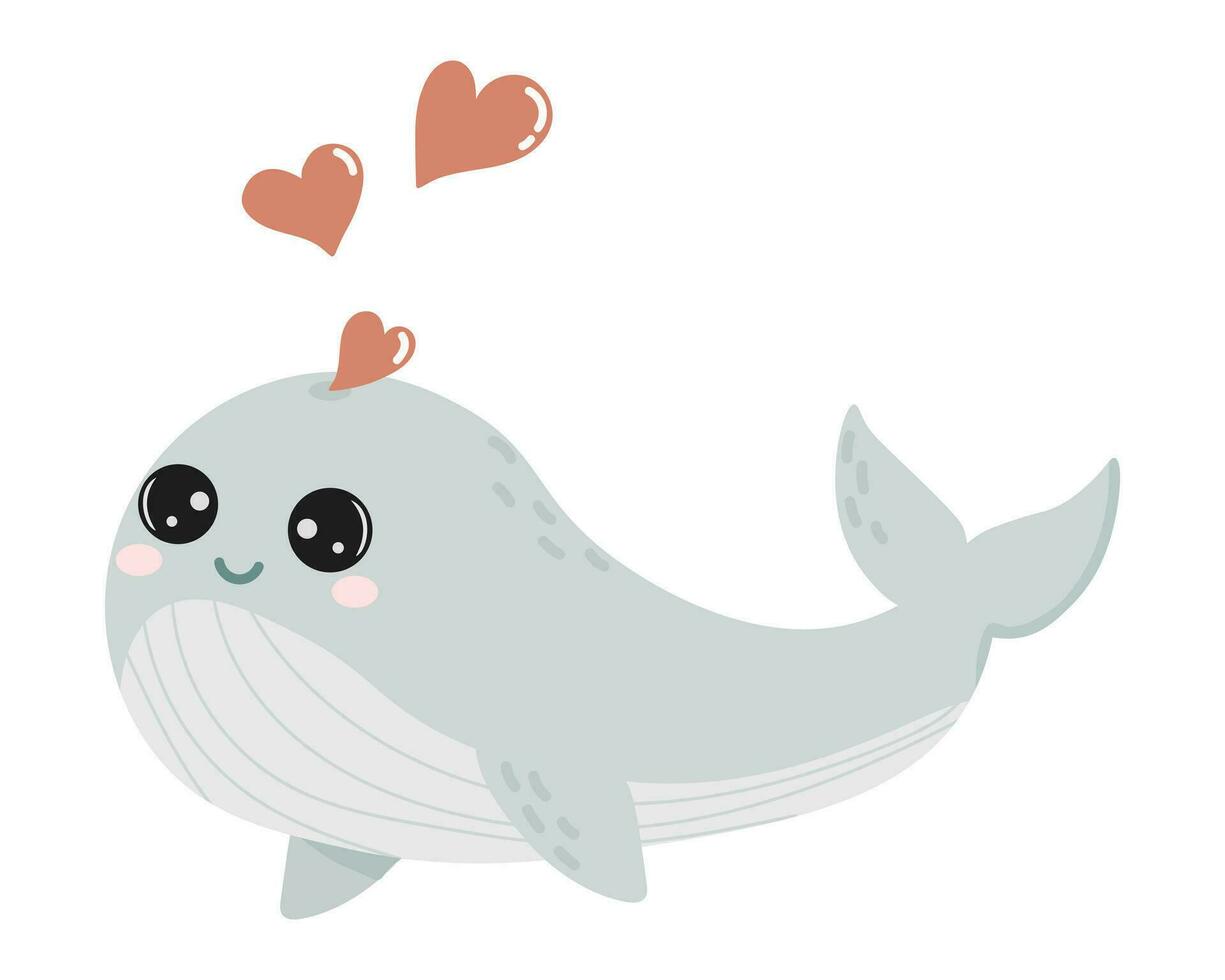 Cute blue whale with hearts. Valentine's day cards. Template for greeting card. Cartoon vector illustration.
