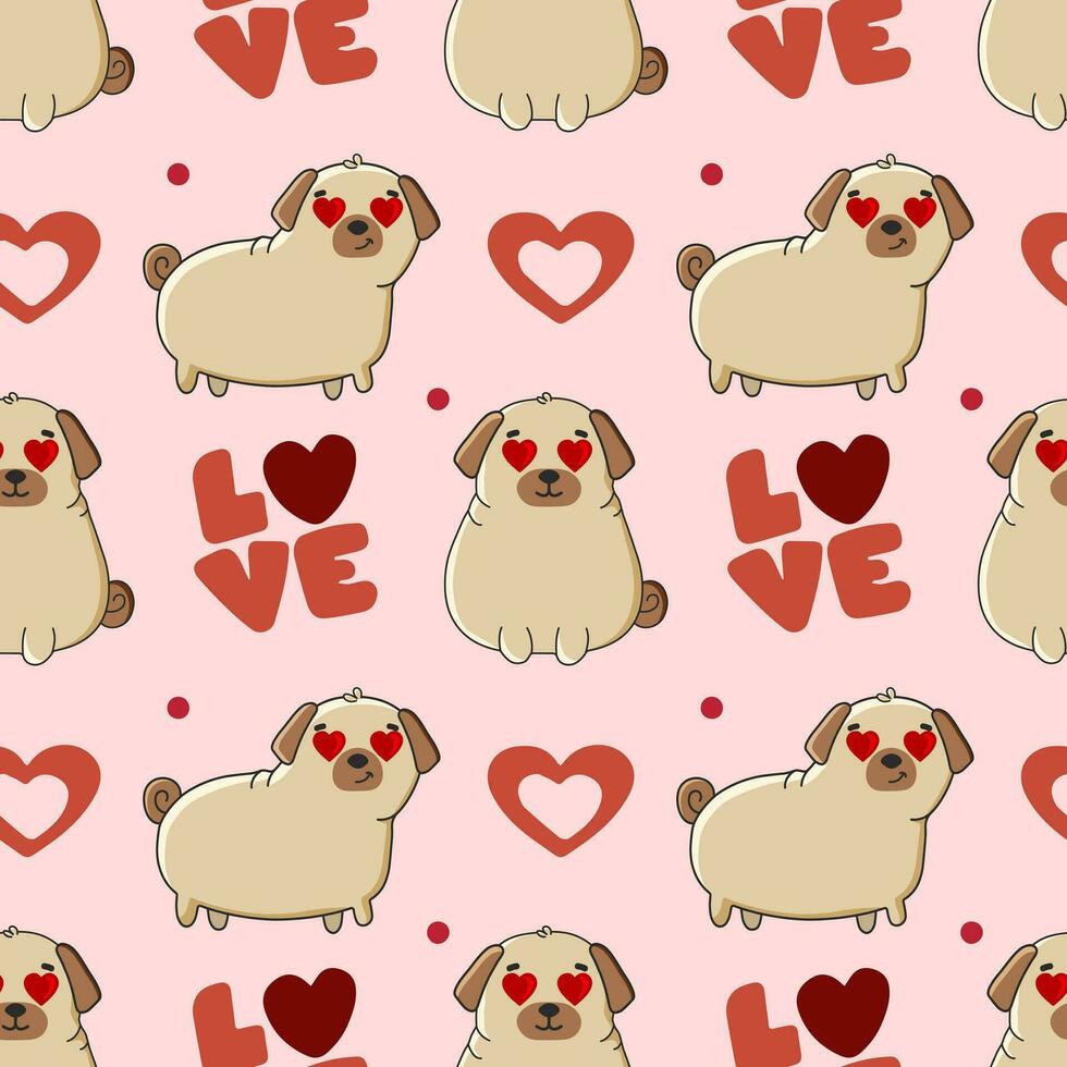 Seamless pattern with cute breed  pug and hearts on pink background vector
