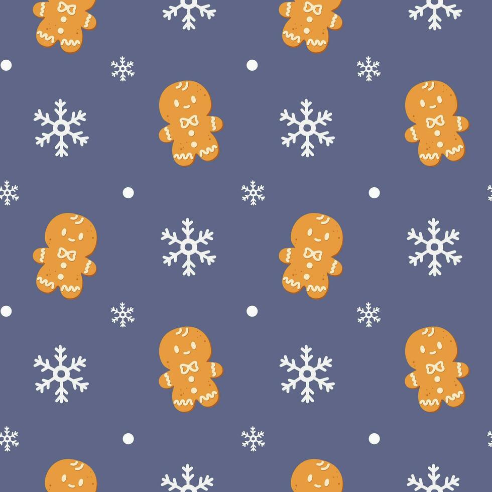 Christmas seamless pattern with snowflakes and gingerbread men. Perfect for wallpapers, wrapping paper, fill patterns, winter greetings, web page background, Christmas and New Year cards. vector