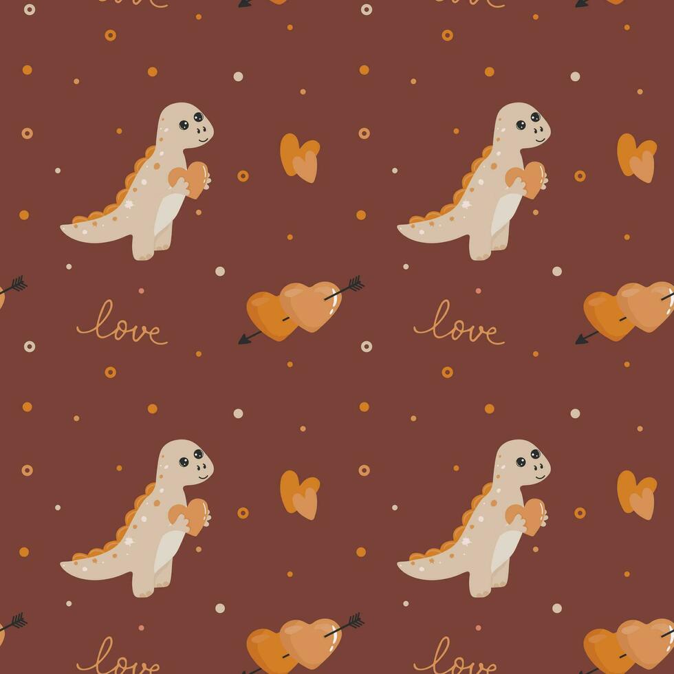 Seamless pattern with dinosaur and hearts. Background for wrapping paper, greeting cards and seasonal designs. Happy Valentine's day. vector