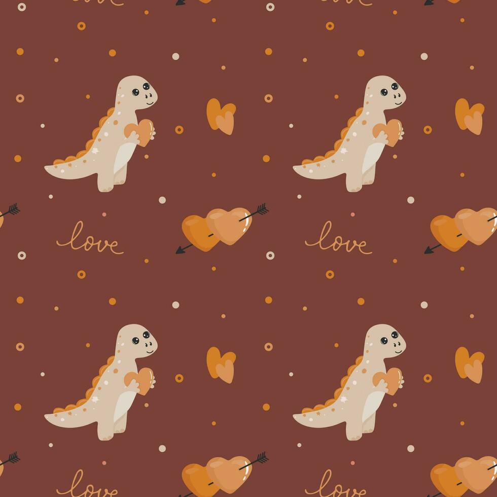 Seamless pattern with dinosaur and hearts. Background for wrapping paper, greeting cards and seasonal designs. Happy Valentine's day. vector