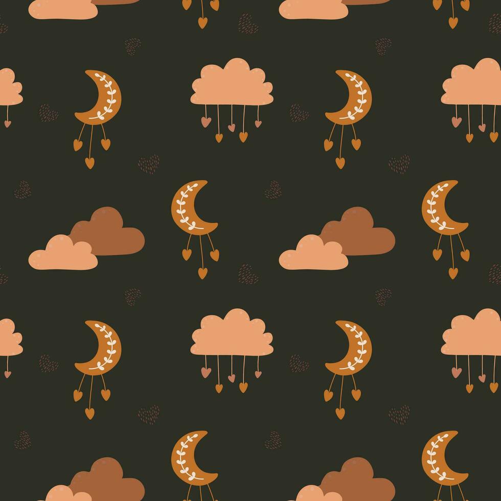 Lovely pattern with hearts, clouds, moon. Vector holiday background. Valentine's Day. Gift wrap, print, cloth, cute background for a card.