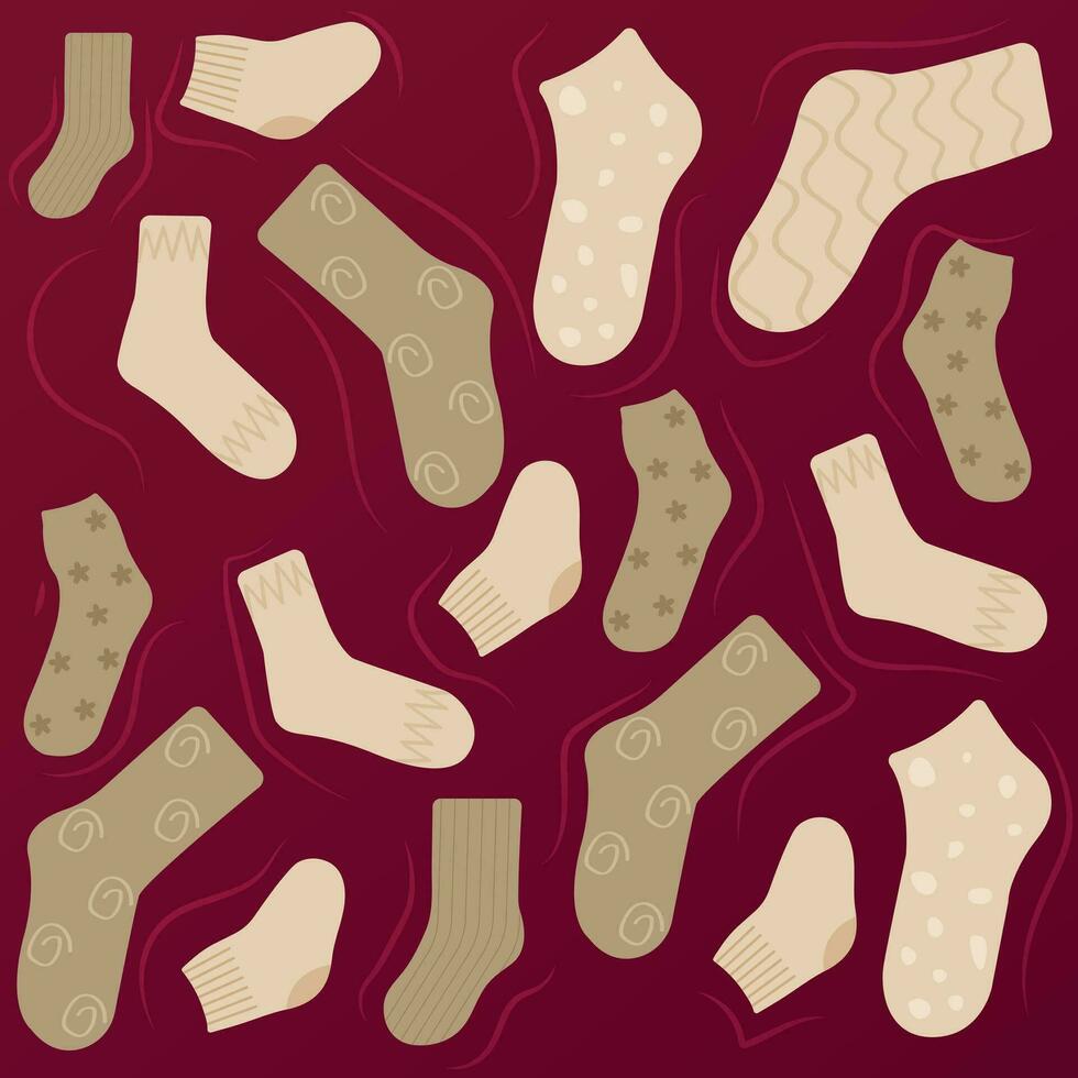 colección de elegante algodón y de lana calcetines con diferente texturas aislado en blanco antecedentes. plano dibujos animados ilustración. vector