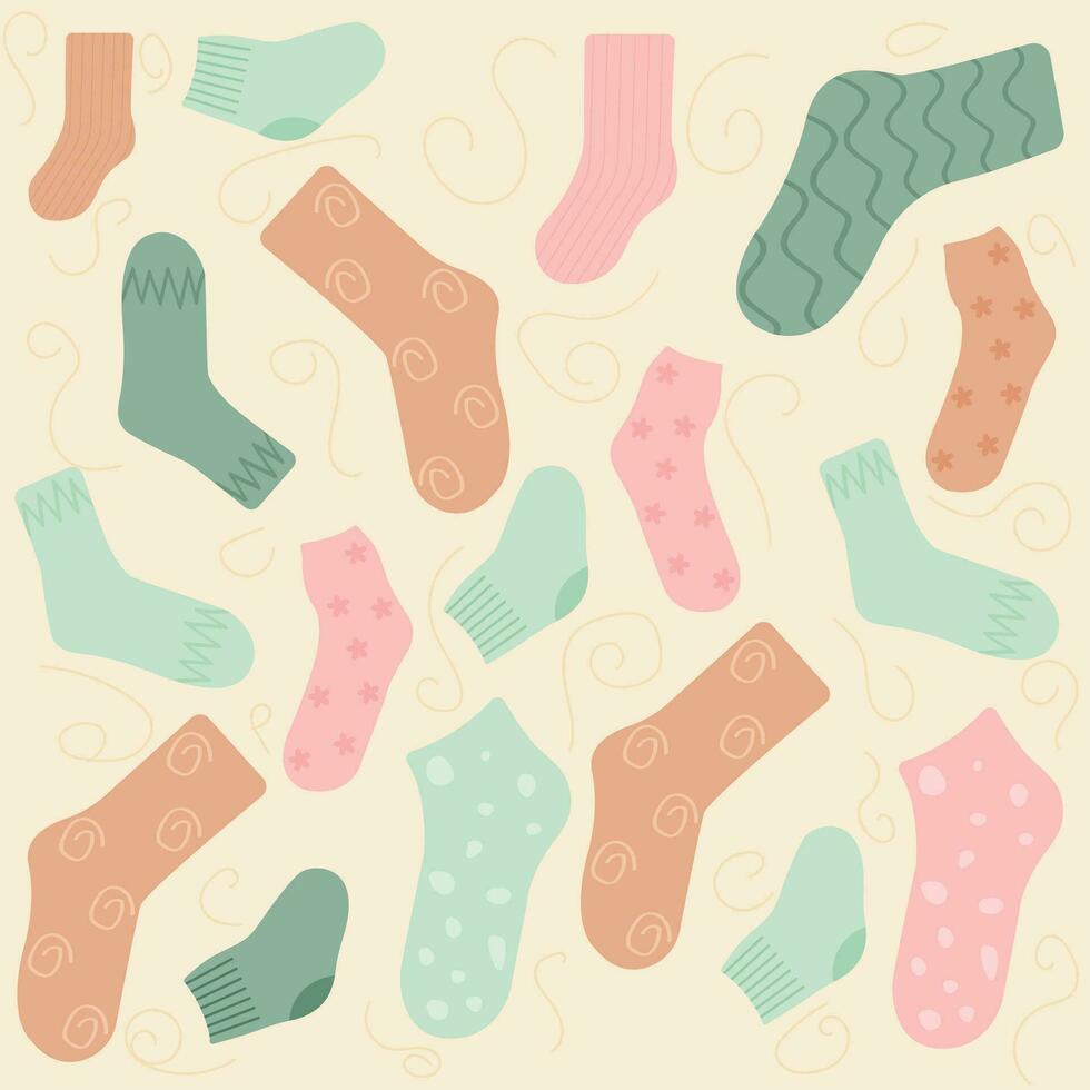 Collection of stylish cotton and woolen socks with different textures isolated on white background.  Flat cartoon vector illustration.