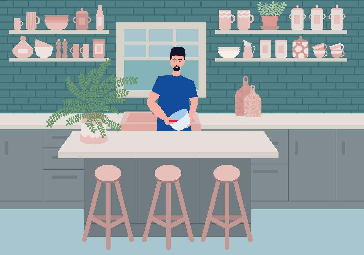 hombre haciendo panqueques en cocina. vector plano estilo ilustración. hogar interior diseño. acogedor cocina. moreno hombre Cocinando desayuno en frente de cocina isla.