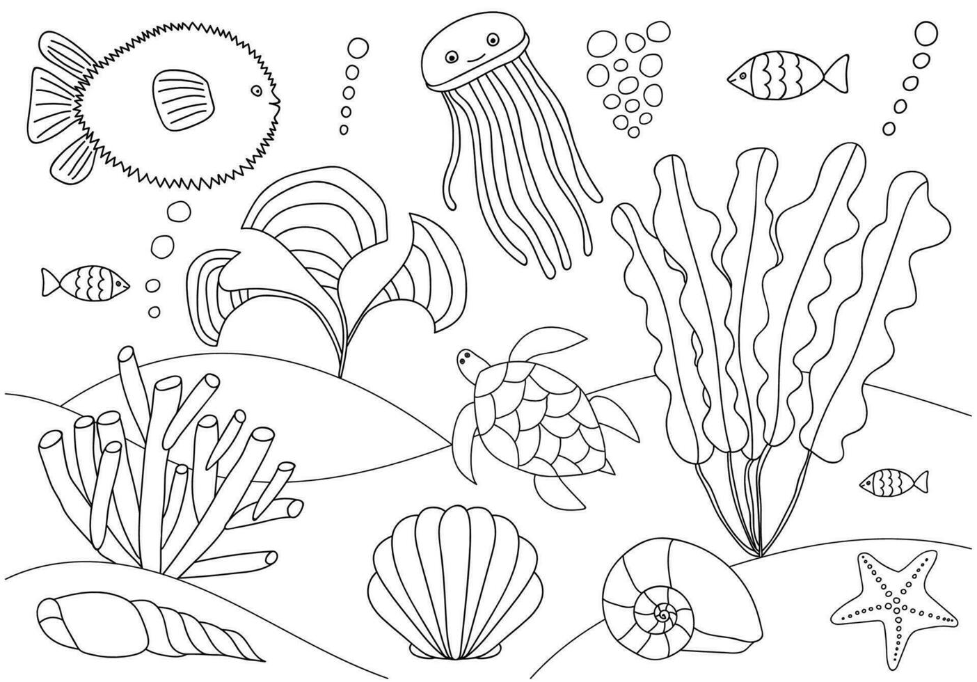 underwater world with algae, bubbles isolated. Coloring book for kids and adults. Ball fish, jellyfish, reef fish, turtle, shell, seaweed, sea grass, starfish. vector