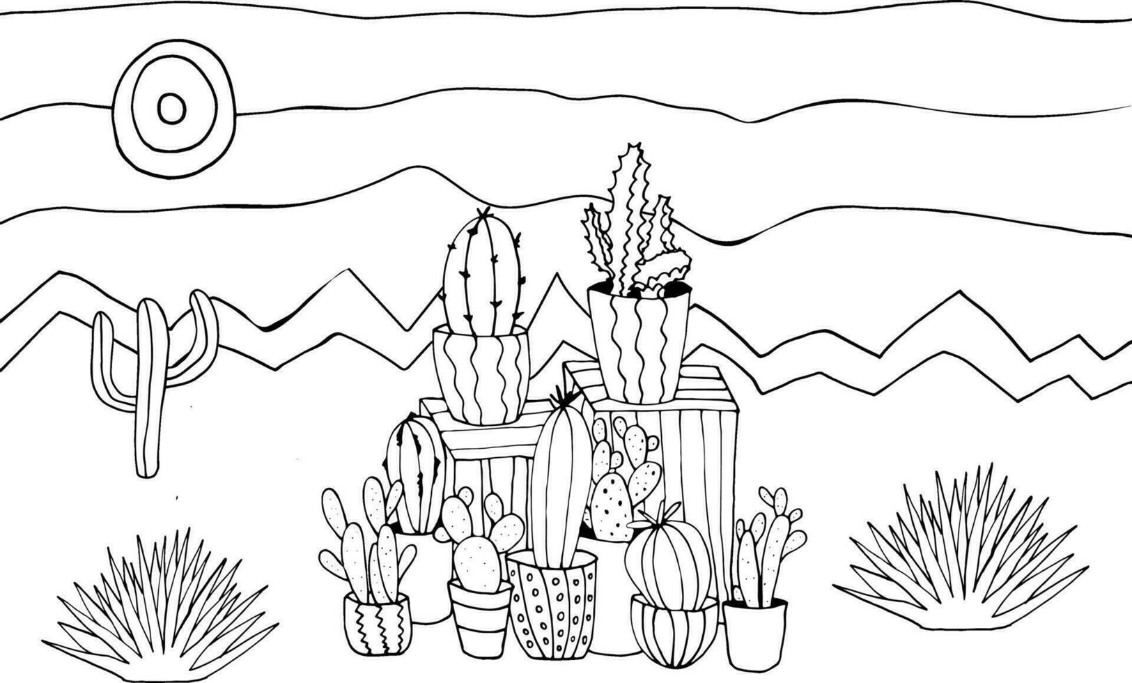 Different kinds of cactuses in pots in desert landscape. Vector coloring book.