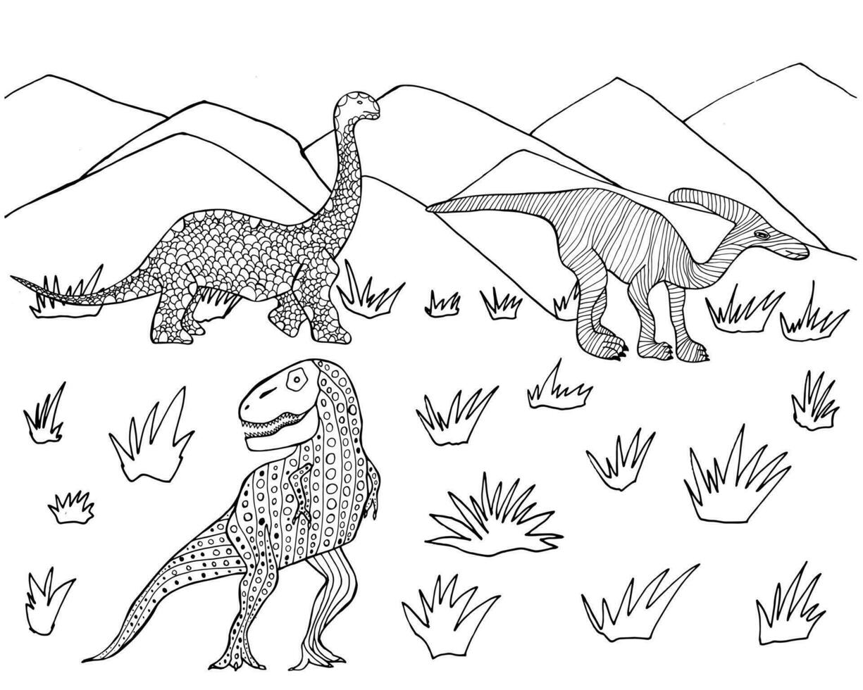 Coloring page with dinosaurs and mountains landscape. Diplodocus, parasaurolophus, tyrannosaurus. Cute coloring book for children and adults. Fantastic ornaments. vector