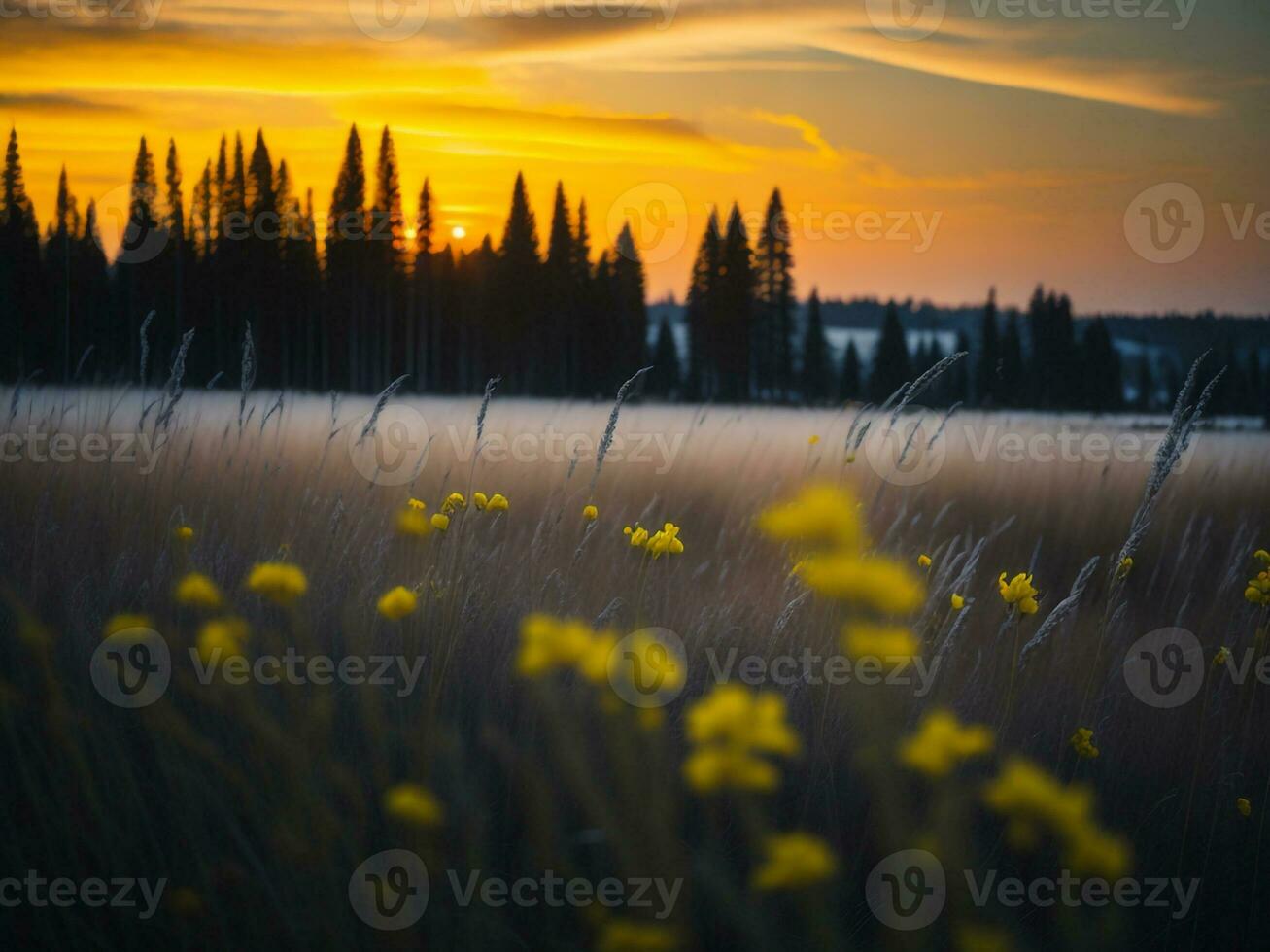 AI generated Glowing Fields of Winter Soft Focus Sunset Meadow with Yellow Flowers Nature's Embrace. A Symphony of Colors Warm Winter Sunset Meadow with Abstract Soft Focus Nature Harmony. photo